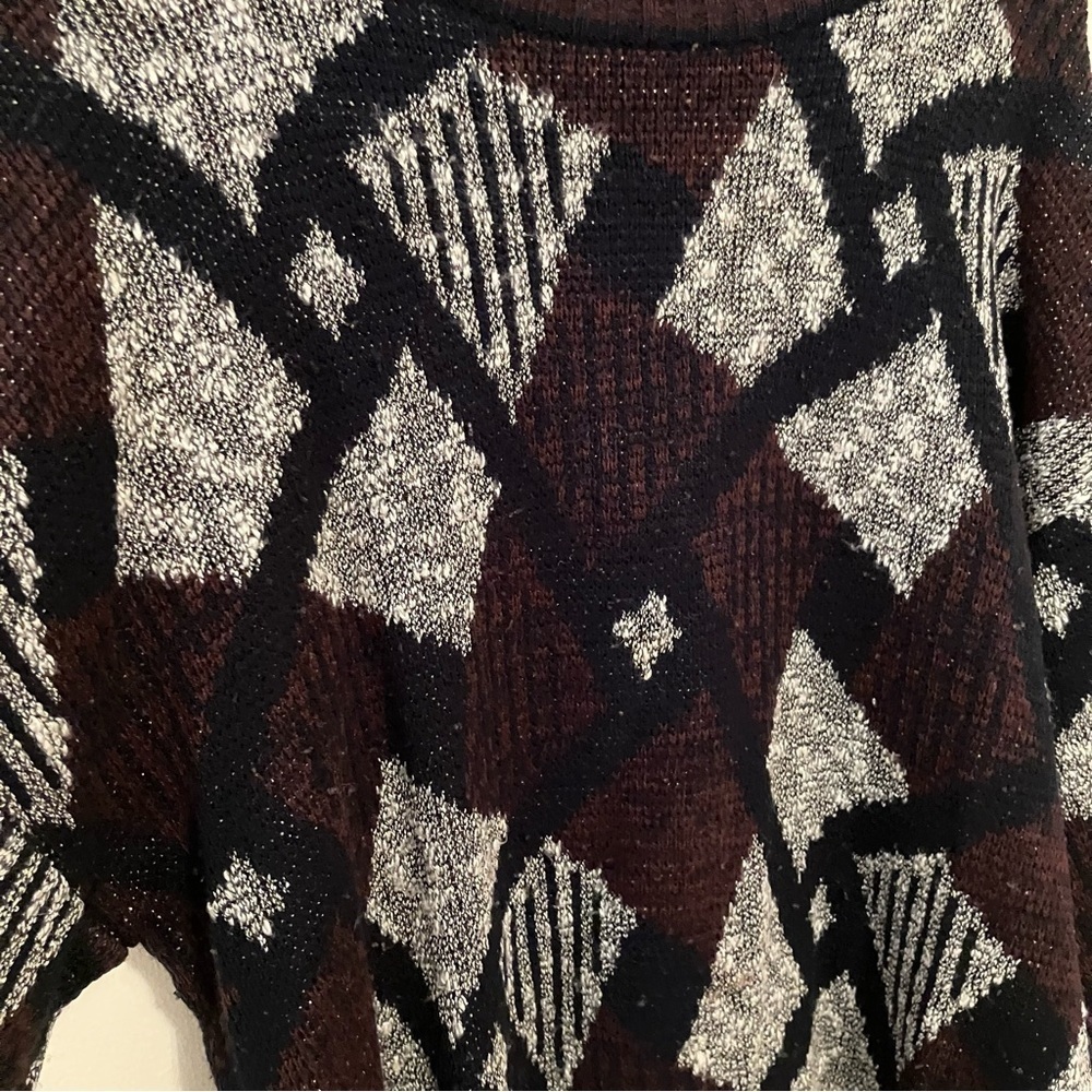 VTG Point Zero Sweater Men L Black Burgundy Geometric Pullover Knit 90s Cosby - Picture 3 of 6